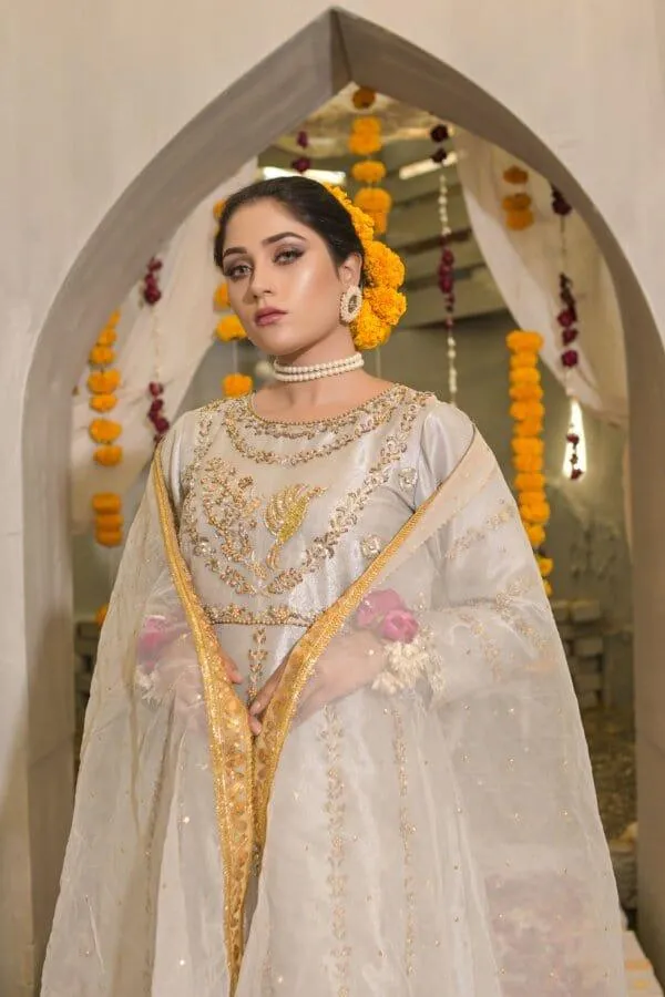 Rubys Couture - Silver Grey Embroidered Tissue Anarkali with Raw Silk Pants  - Deewani