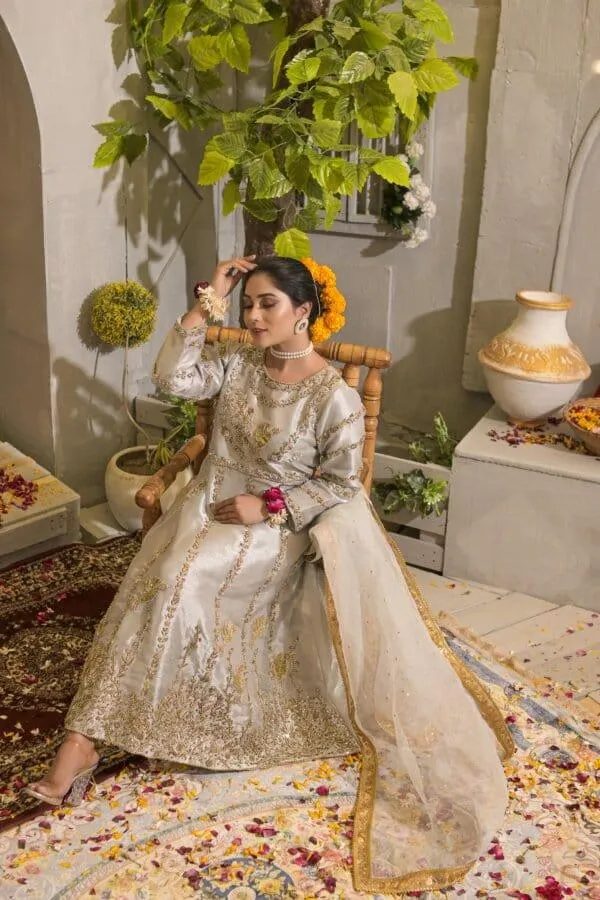 Rubys Couture - Silver Grey Embroidered Tissue Anarkali with Raw Silk Pants  - Deewani