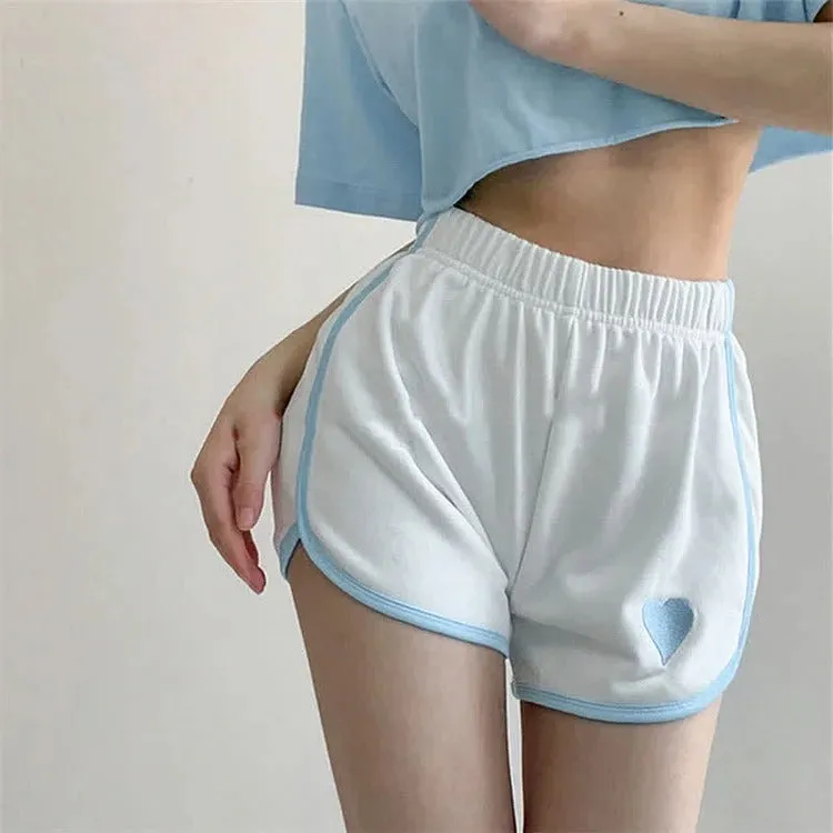 Sports Style Love Heart Embroidery Pure Color Shorts