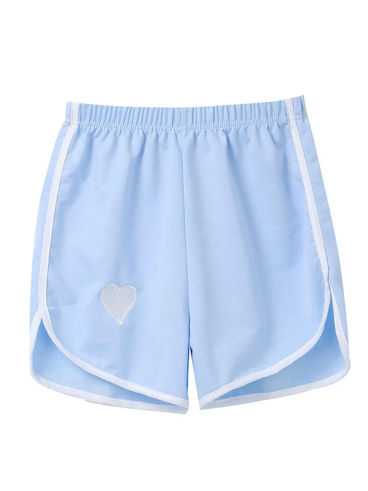 Sports Style Love Heart Embroidery Pure Color Shorts