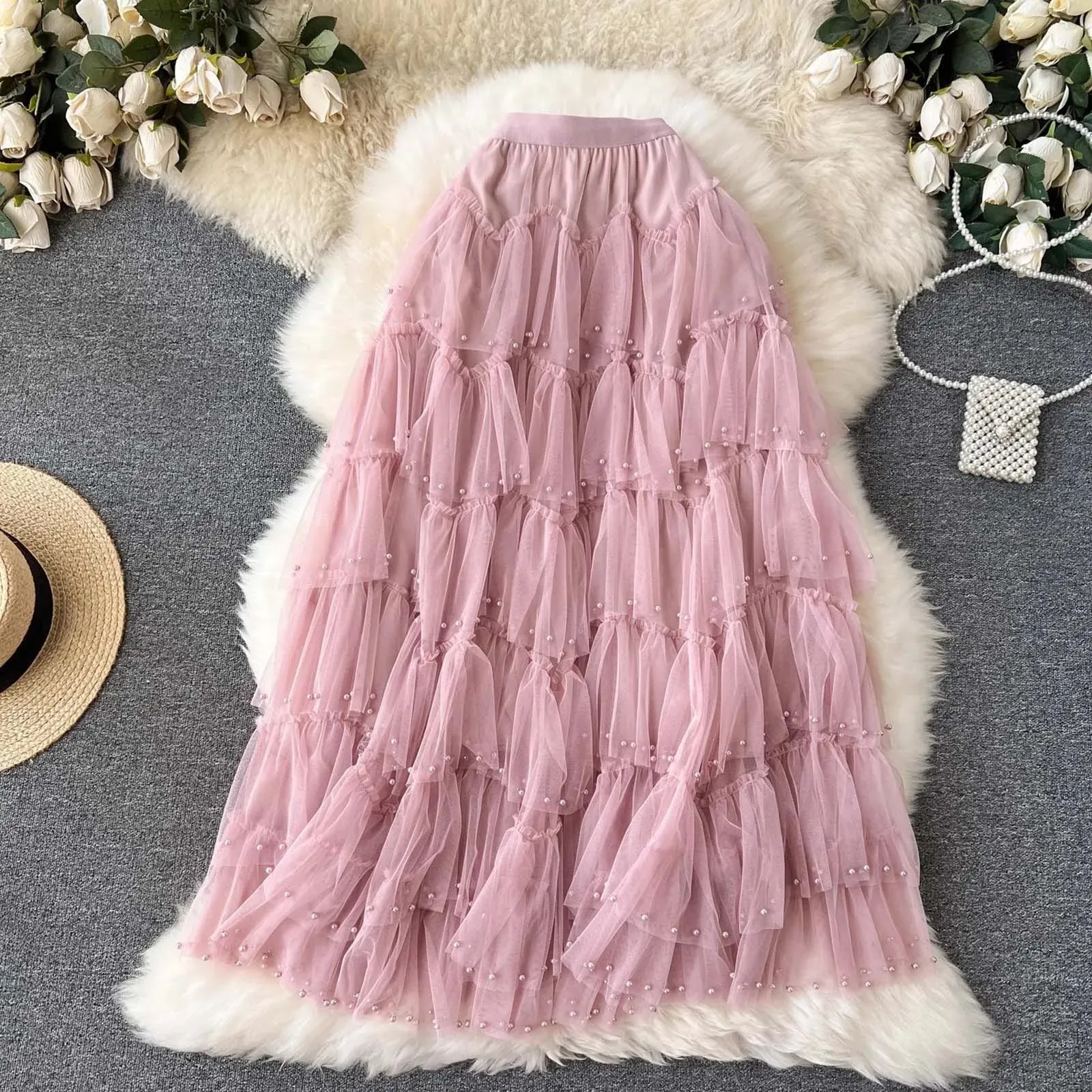 Summer Elegant Blue Beading Tiered Tutu Sexy Mesh Spring Skirt