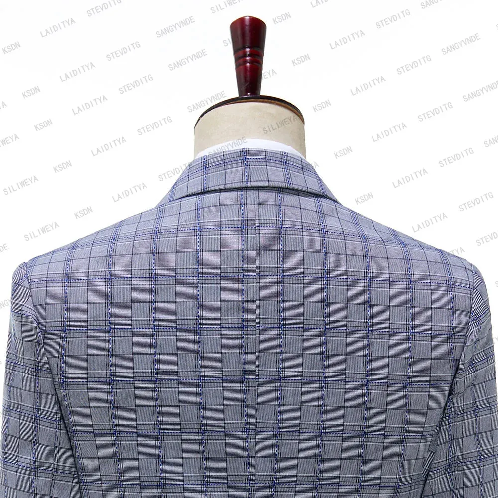 Xituodai 2024 Men's Grey Blue Plaid Business Blazers Jacket Trousers High End Wedding Party Groom Suit 2 Pieces Sets Coat Pants Big Size